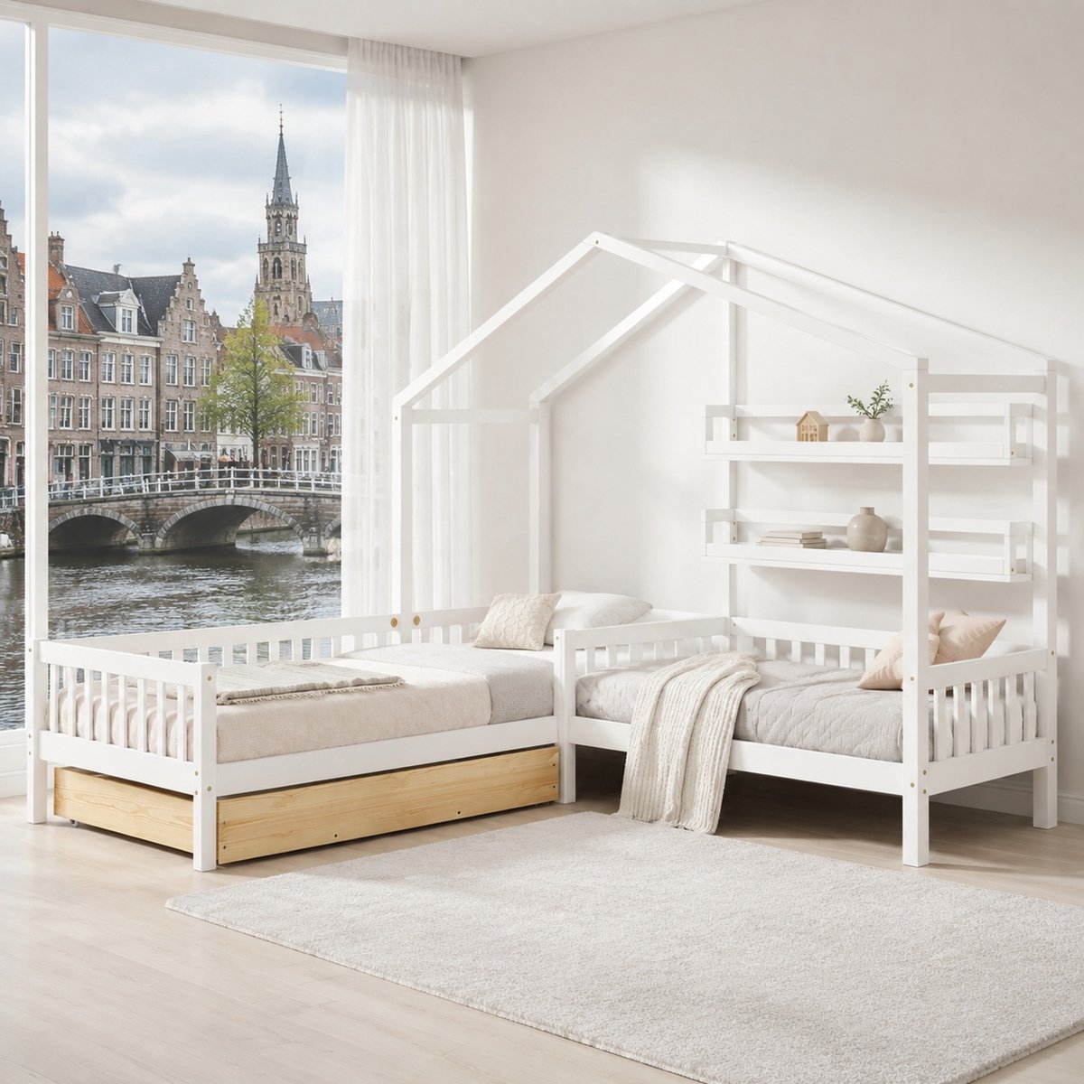 WUVRIE Kinderbed huisvorm L-vorm met lade en opbergplanken, wit, voor 200x90 en 140x70 cm
