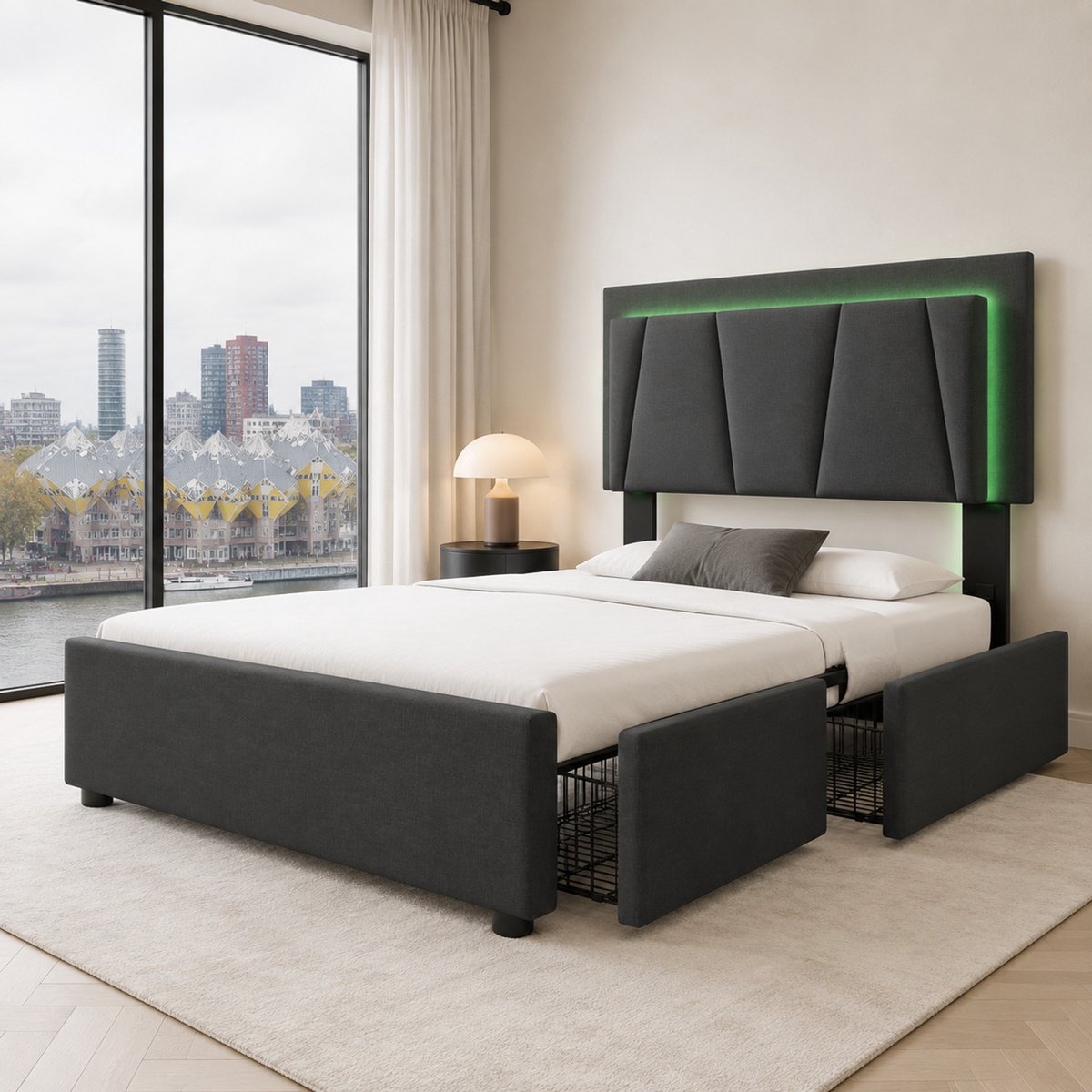 WUVRIE Eenpersoonsbed 90x200 cm met verstelbaar hoofdbord, LED-verlichting en 2 opberglades, grijs