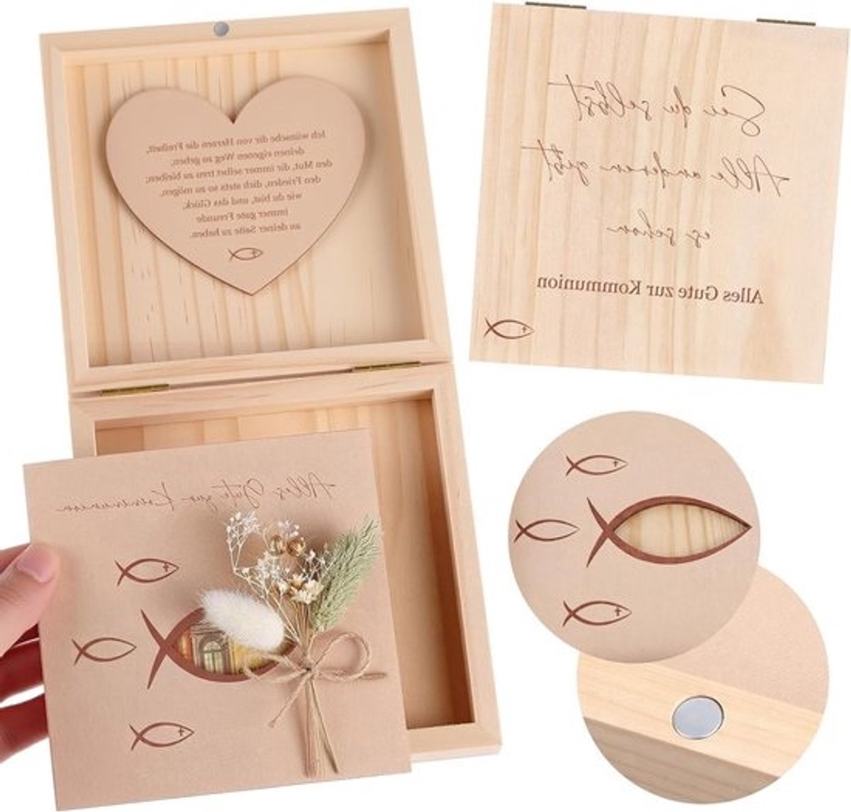 Communie en Bevestiging Geldcadeau Doos voor Jongens en Meisjes met Houten Hart, Lege Houten Kaart en Gedroogde Bloemen