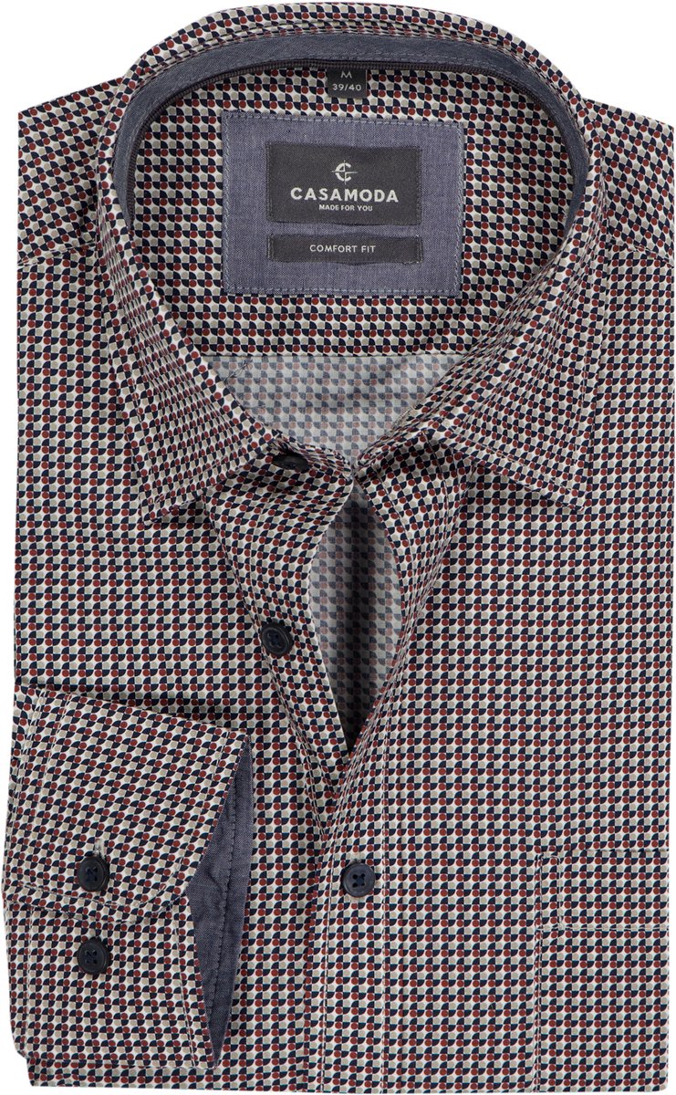 CASA MODA Sport comfort fit overhemd - popeline - blauw met wit en beige dessin
