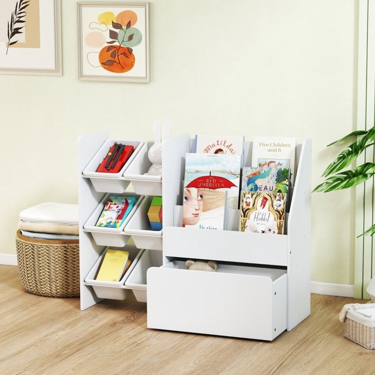 MODFU - Kinderkamerkast - Opbergbakken - Boekenrek - Wit - MDF - Staal - 100 X 30 X 80 Cm