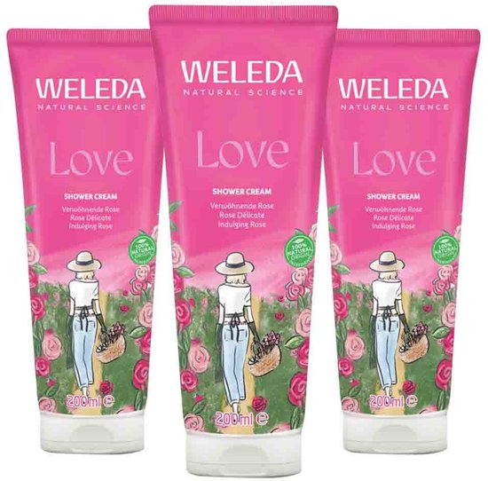 Drie roze Weleda Love douchecrèmes met illustratie van een vrouw met hoed in een rozentuin. 200ml per tube.