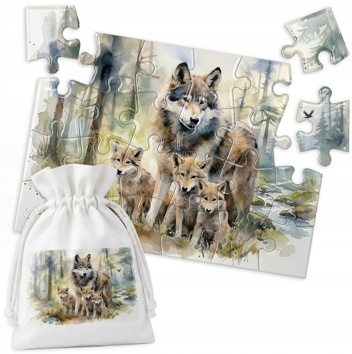 Houten Puzzel - Wolf Afbeelding Roedel Dieren Bos Wild Aquarel - 24 Stukjes