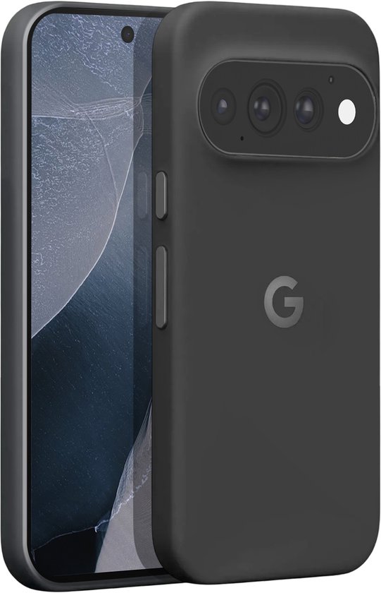 Donkergrijs Google Pixel hoesje met een G-logo en driedubbele camera.