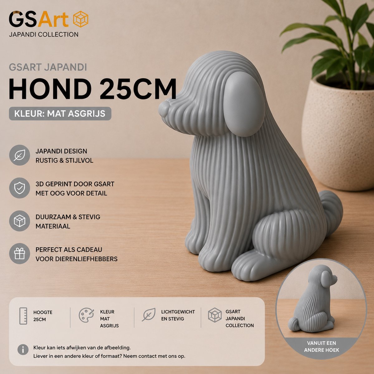 GSArt Japandi Hond – 3D Geprint Decoratiebeeld – Modern Japandi Woonaccessoire - 25cm Mat Asgrijs