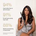 Vrouw met lang donker golvend haar die een zwarte airstyler vasthoudt, met statistieken over snellere styling en minder pluis.