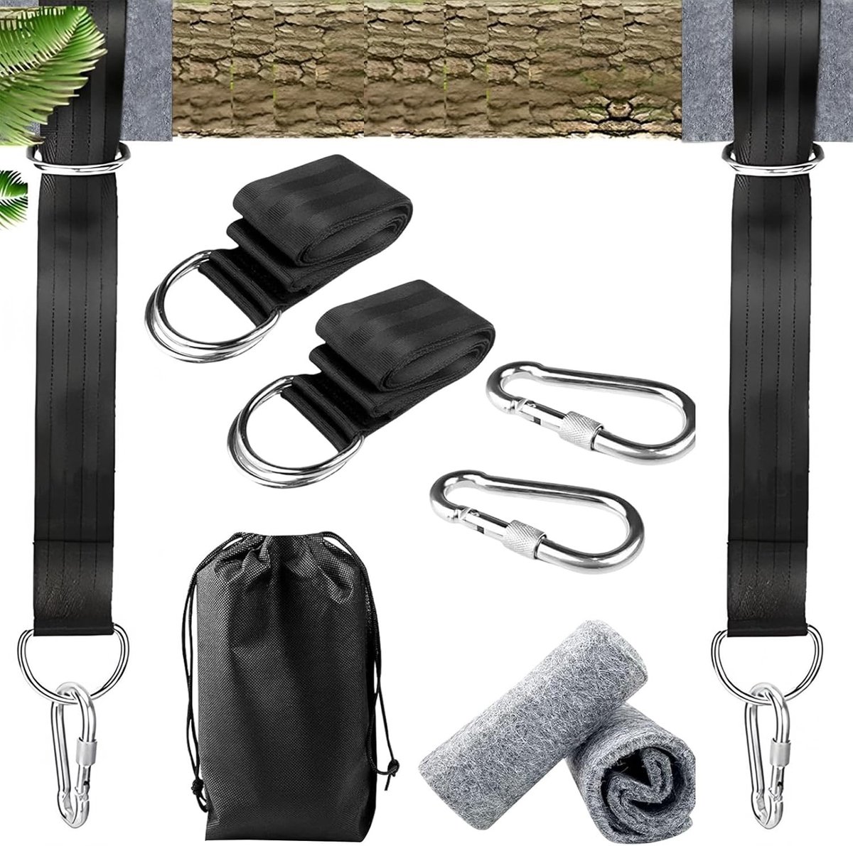 Verstelbare Hangmatriemen met 2 Karabiners en Boombescherming voor Camping en Buitenactiviteiten, Tot 500 kg Draagvermogen, 2 Stuks