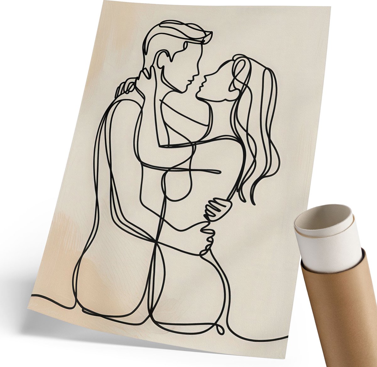 Coloray Polycanvas Poster - Liefdeslijntekening, Lijntekening - 210 x 297 mm - Beige Design - Rechthoek - Kunstposter - Woonkamer, Slaapkamer, Kantoor - Romantisch