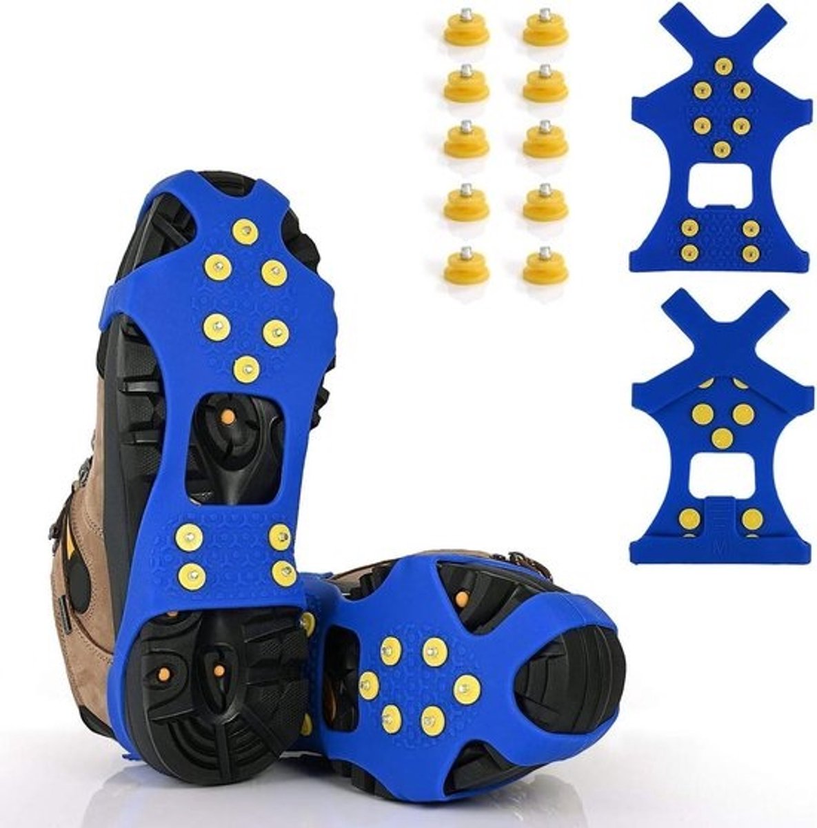 IJsschoenplaatjes - Antislip Spikes - Veilig Lopen - 10 Stalen Noppen - Maat Groot - Blauw