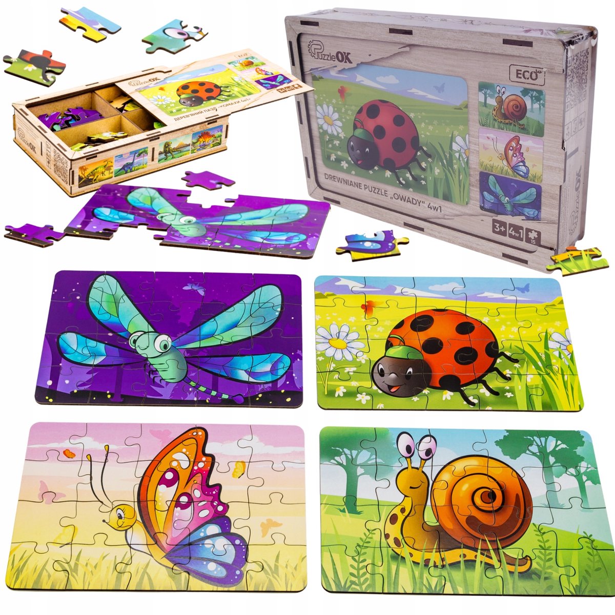 Houten Puzzel 4-in-1 Insecten en Dieren voor Kinderen, 3+ Jaar