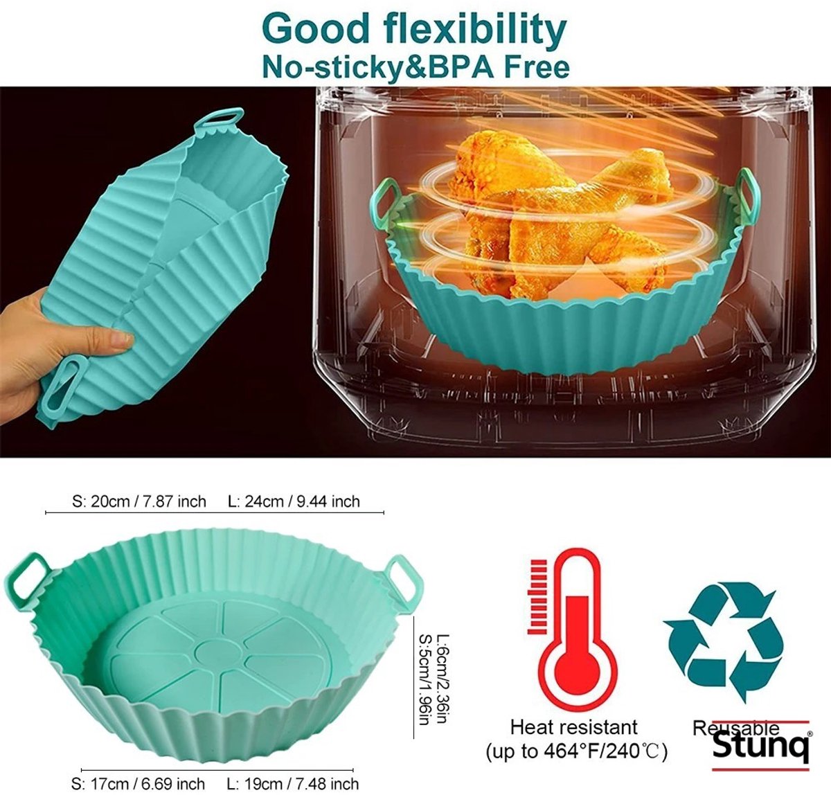 Stunq® Siliconen Airfryer Bakmand 20 cm – Herbruikbare Ronde Luchtfriteuse Voering (Turquoise)