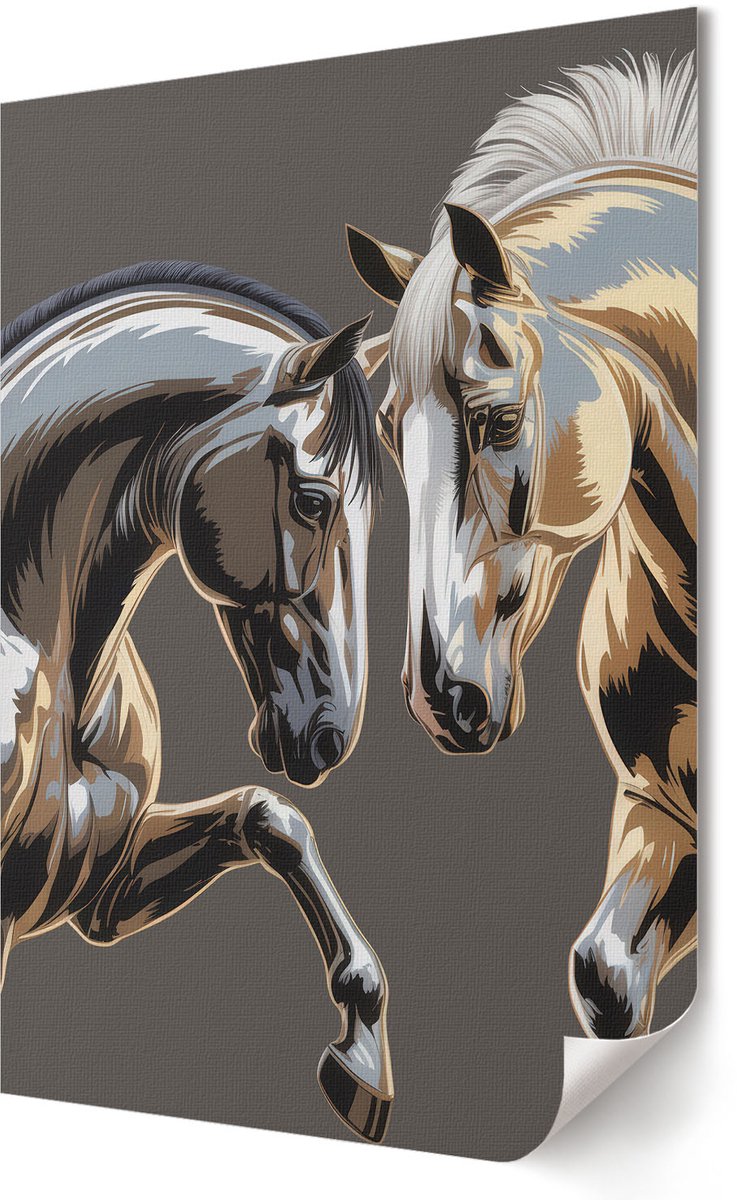 Coloray Polycanvas Wandposter - Twee Paarden, Illustratie - 420 x 594 - Grijs Decoratie - Rechthoek - Canvasposter - Woonkamer, Slaapkamer, Kantoor - Expressief