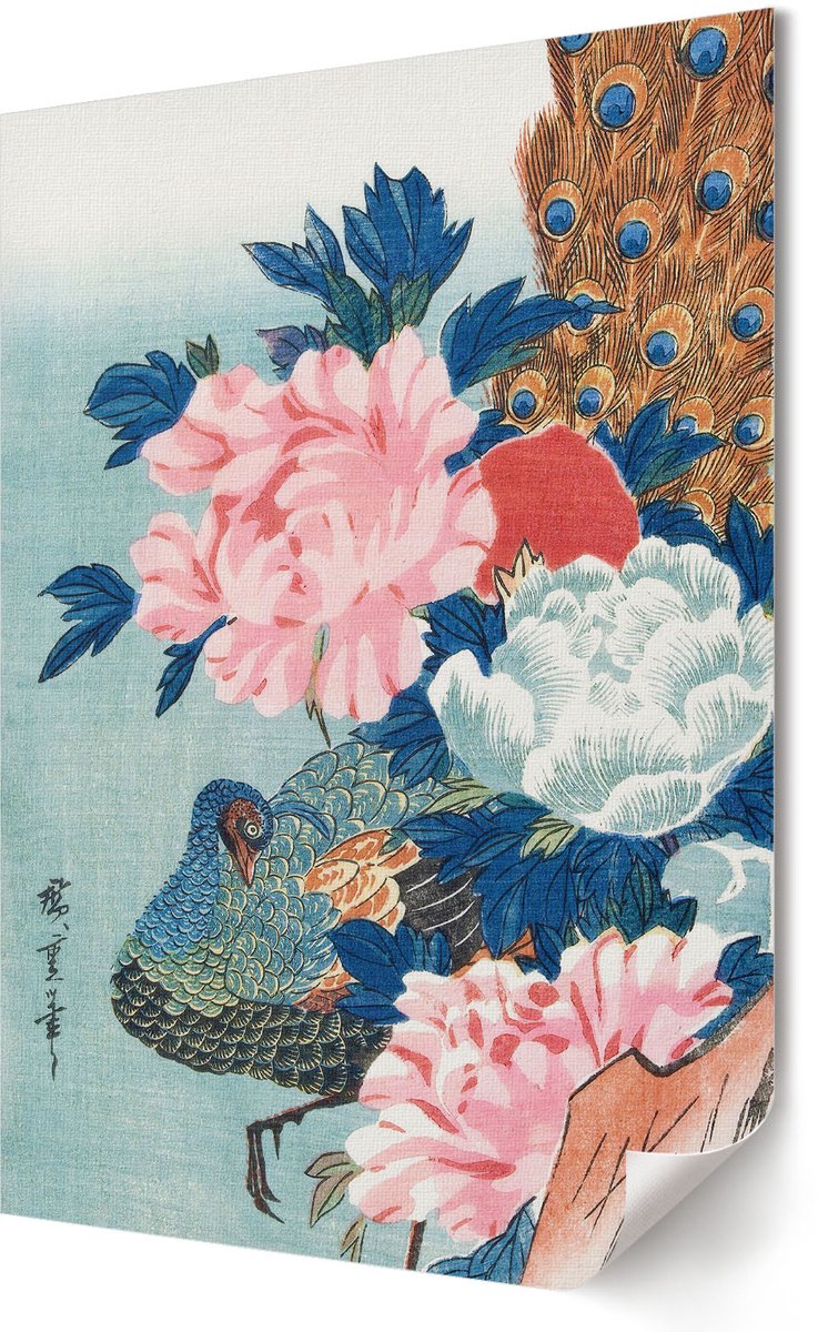 Coloray Polycanvas Wandposter - Pauw En Pioenrozen, Schilderen - 420 x 594 - Blauw Poster - Rechthoek - Muurkunst - Woonkamer, Slaapkamer, Kantoor - Japanse