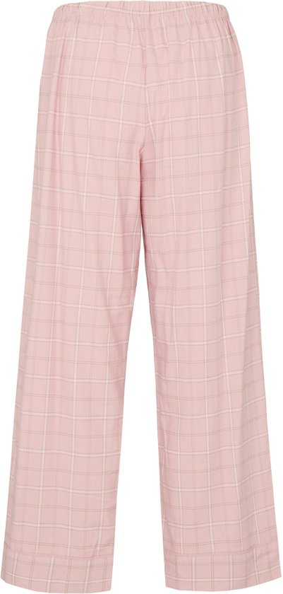 Losvallende roze pyjamabroek met subtiele ruitprint en trekkoord.