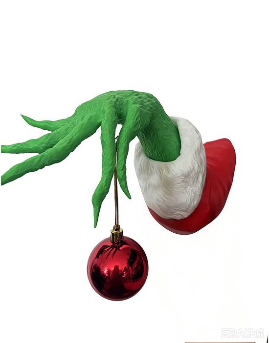 Les longs doigts verts du Grinch tiennent une boule de Noël rouge brillante, avec un brassard de Père Noël rouge à bordure en fourrure blanche.