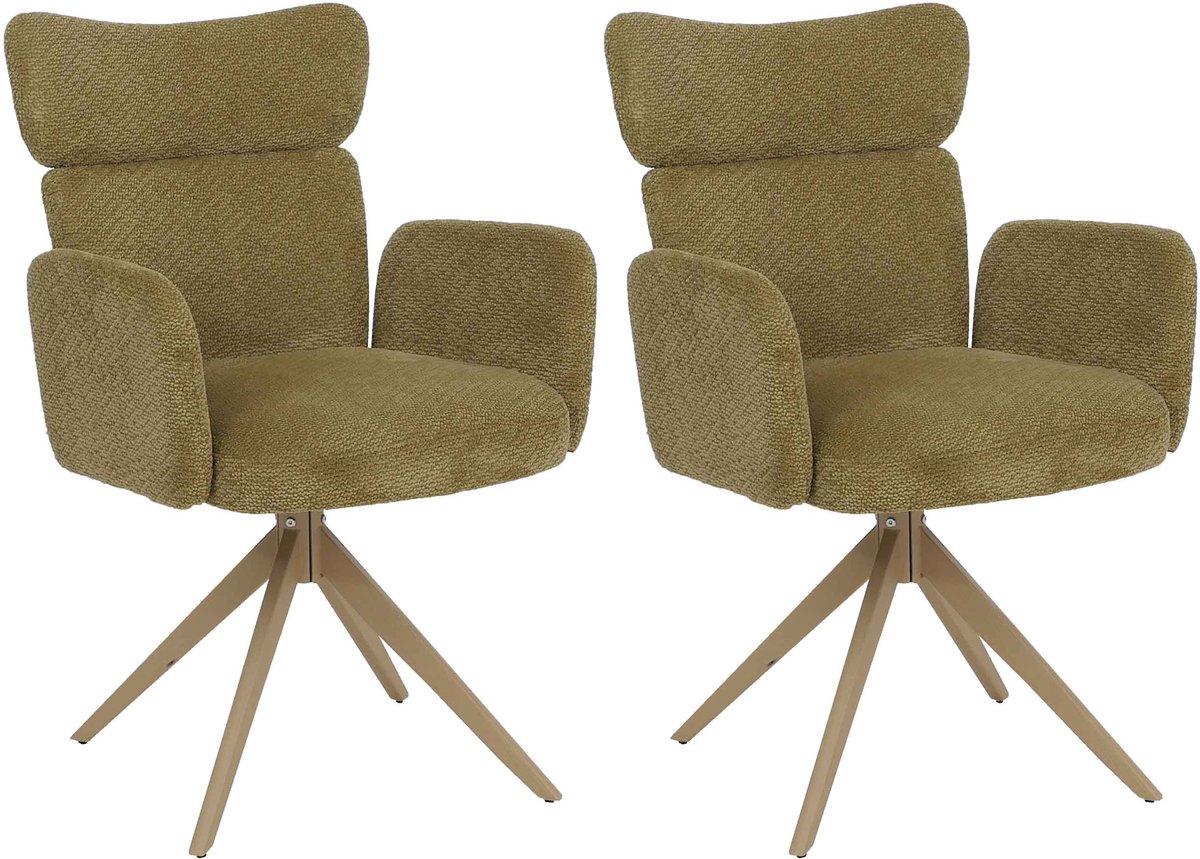 Set van 2 eetkamerstoelen MCW-N11, stoel, draaibaar, Auto-Return, bouclé-stof 350 g/m², Oeko-Tex ~ olijfgroen, poten met houtlook
