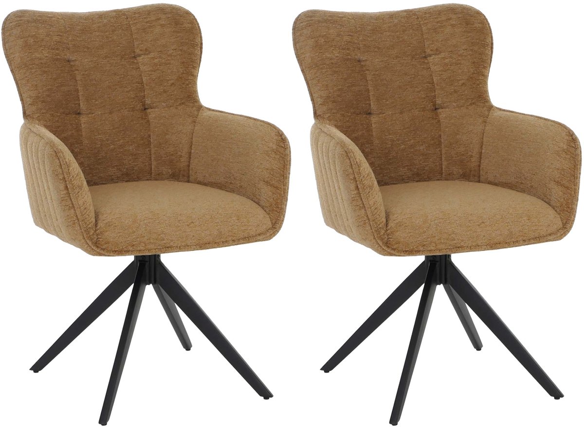 Set van 2 eetkamerstoelen MCW-Q35, stoel met draaibare armleuningen en automatische terugkeerfunctie, chenille (680 g/m²) en metaal ~ mosterdgeel