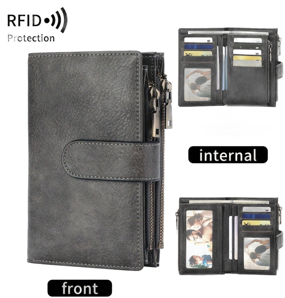 Currero Portomonee - Portemonnee Dames & Heren - RFID Anti Skim - Pasjeshouder - Klein Model - Met Rits - Kunstleer - Grijs