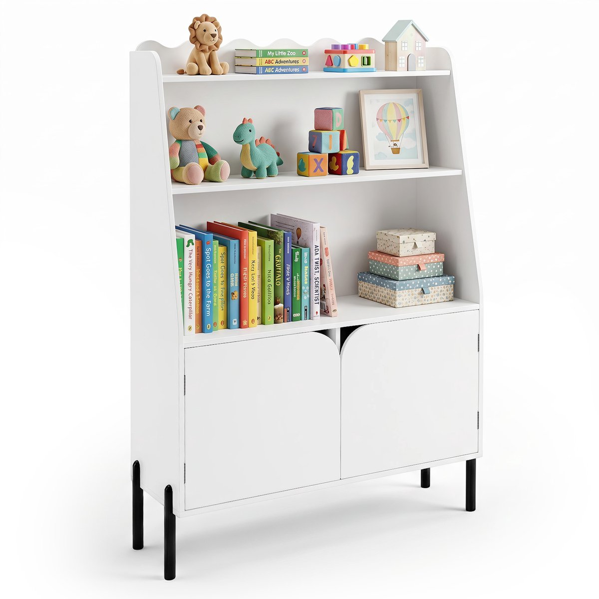 COSTWAY Kinderboekenkast met 2 deuren & 3 open vakken, Wit