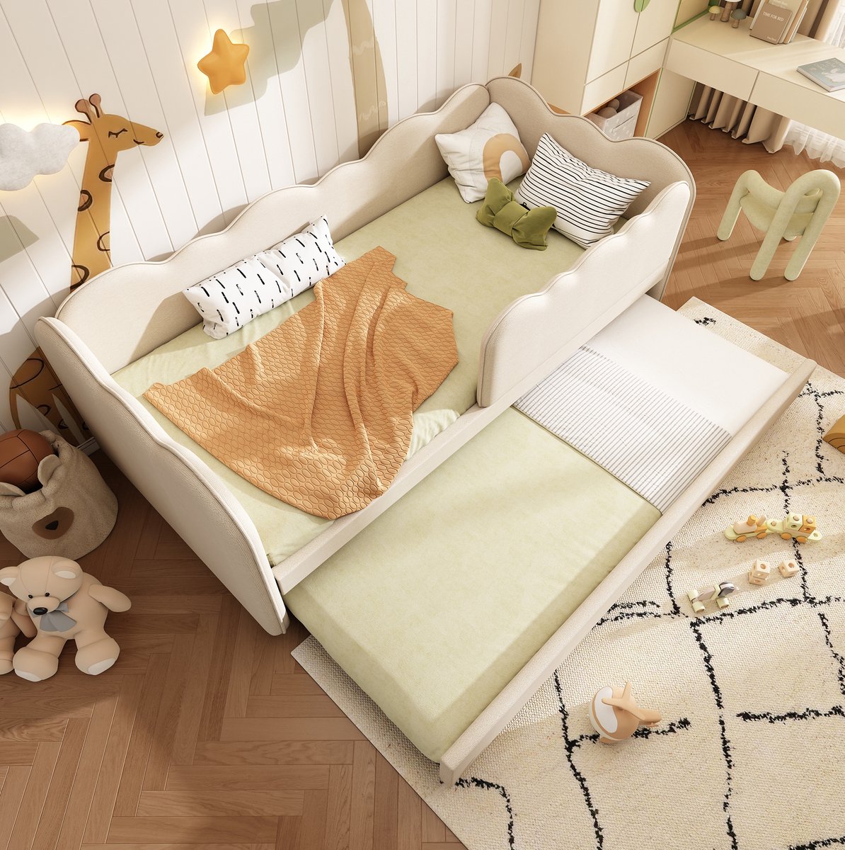 REDOM - Bedbank - Uittrekbed met L-vormig frame - Met uitvalbeveiliging - Kinderkamer - Linnen - Beige - 99 x 197 x 70 cm