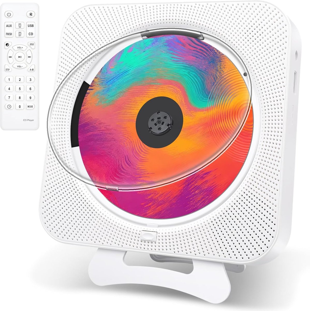 CD-speler met Radio Boombox - Upgrade Bluetooth CD-speler met stofkap en LED-scherm | 3,5 mm AUX-aansluiting met afstandsbediening Home audio FM-radio USB MP3 muziek speler (wit)