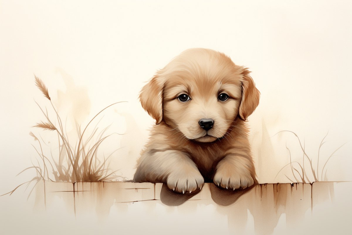 Puppy Poster - Honden - Hond - Aquarel Stijl - Golden Retriever - Kinderkamer - Babykamer - Babydieren - posters - formaat 100x70cm - Wanddecoratie - L1318CW
