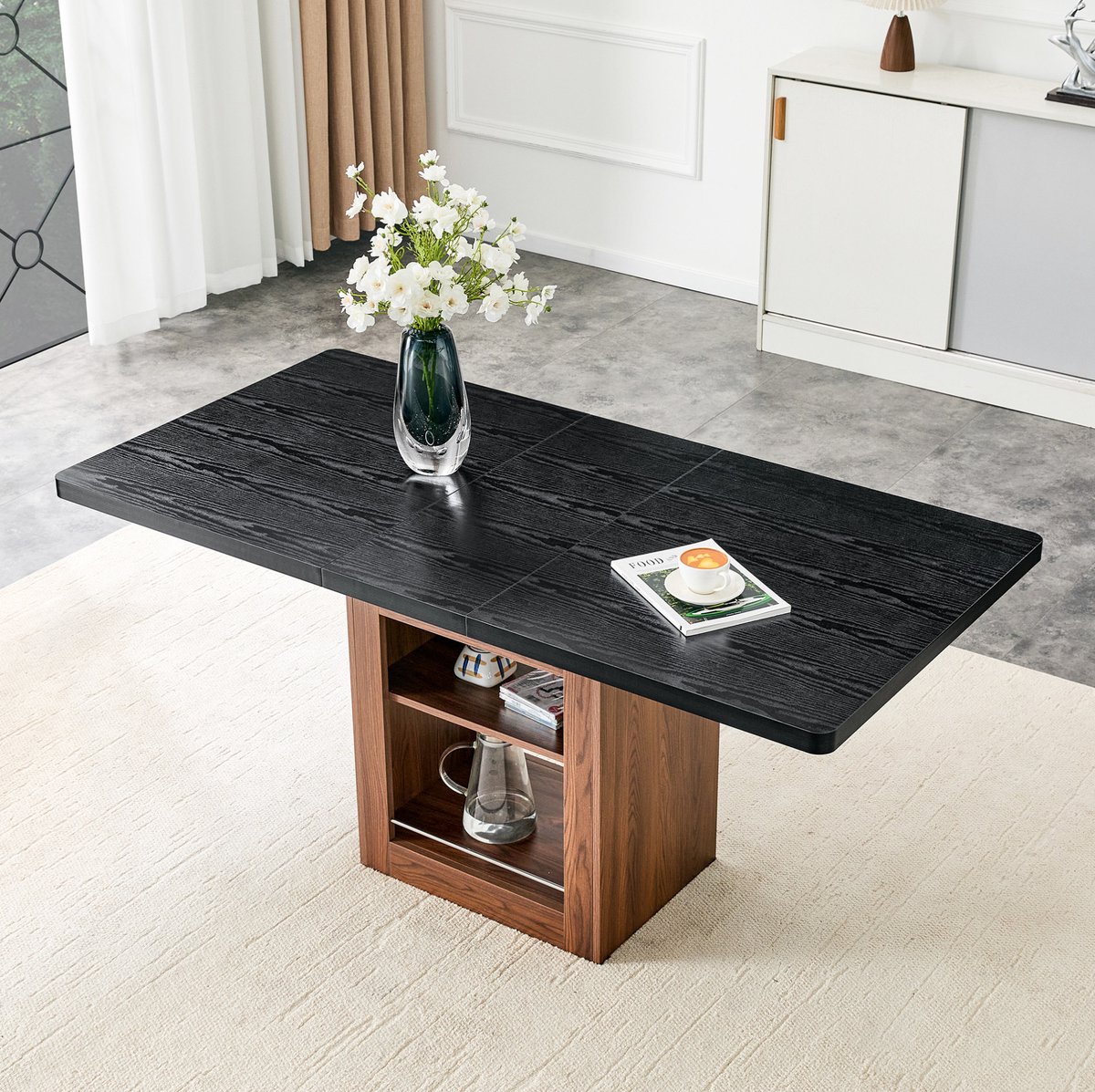 MODENUIT Eettafel - Uitschuifbaar Met Opbergrek - Voor Eetkamer En Woonkamer - MDF - 160x80x75,5 Cm - Zwart En Bruin