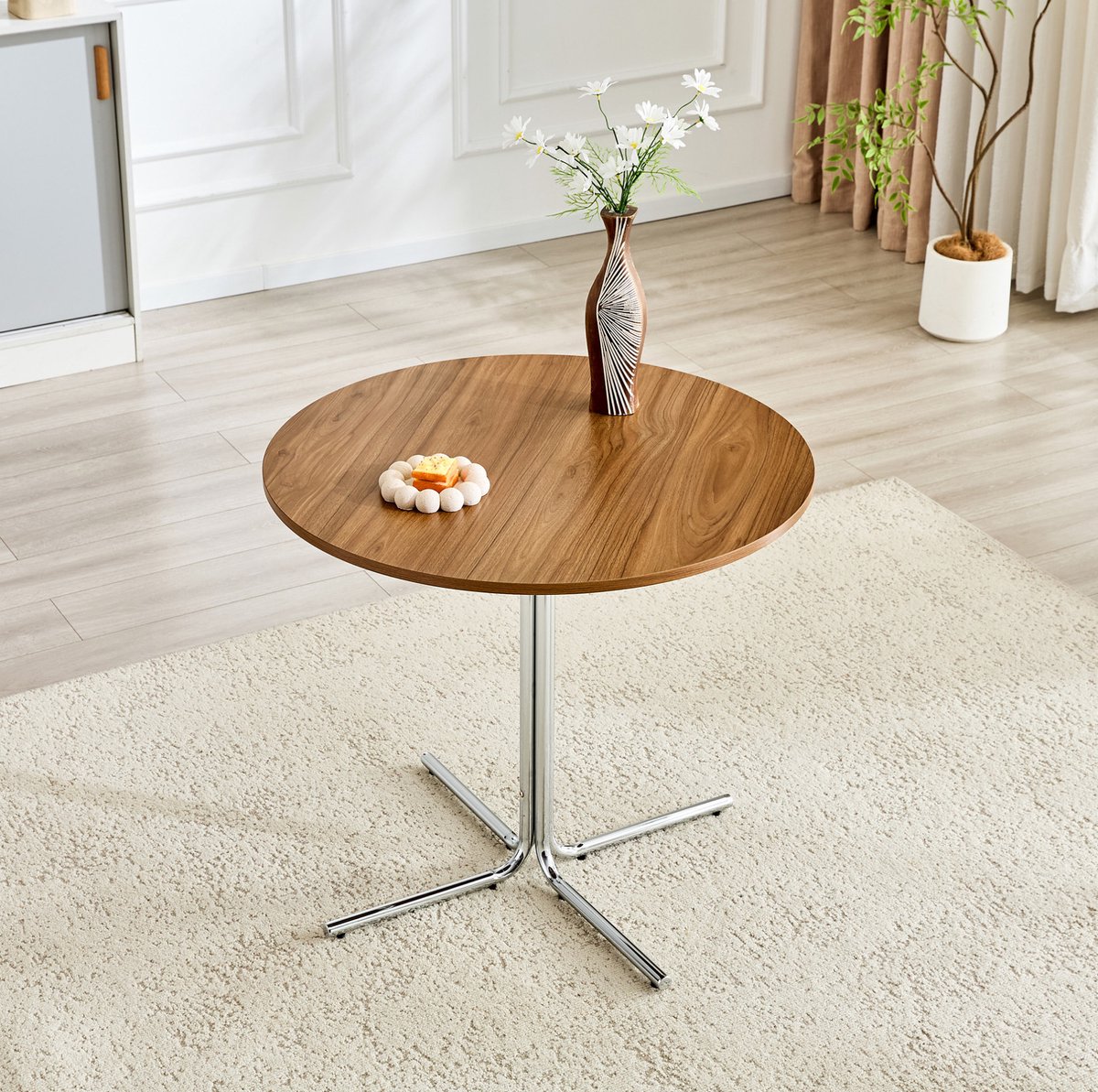 MODENUIT Bijzettafel - Rond Walnoot MDF Blad Met Verchroomd Onderstel - Woonkamer En Bureau - 85 Cm - Zilver