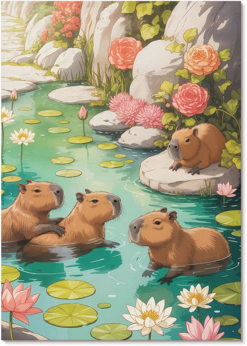 Tulup Polycanvas Wandposter - Capibara'S In De Vijver, Illustratie - A4 - Groen Illustratie - Rechthoek - Muurkunst - Woonkamer, Slaapkamer, Kantoor - Kinder