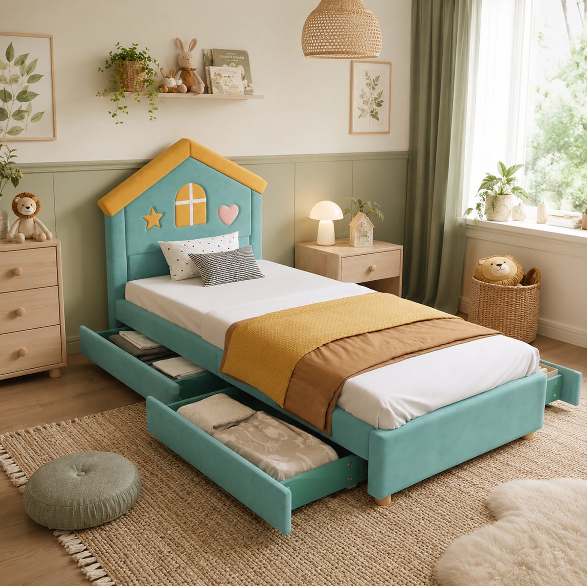 DESMIU Kinderbed 90x200 Cm Huisbed Met 4 Laden Opbergruimte Voor Kinderkamer En Jeugdkamer Frans Fluweel Blauwgroen Zonder Matras