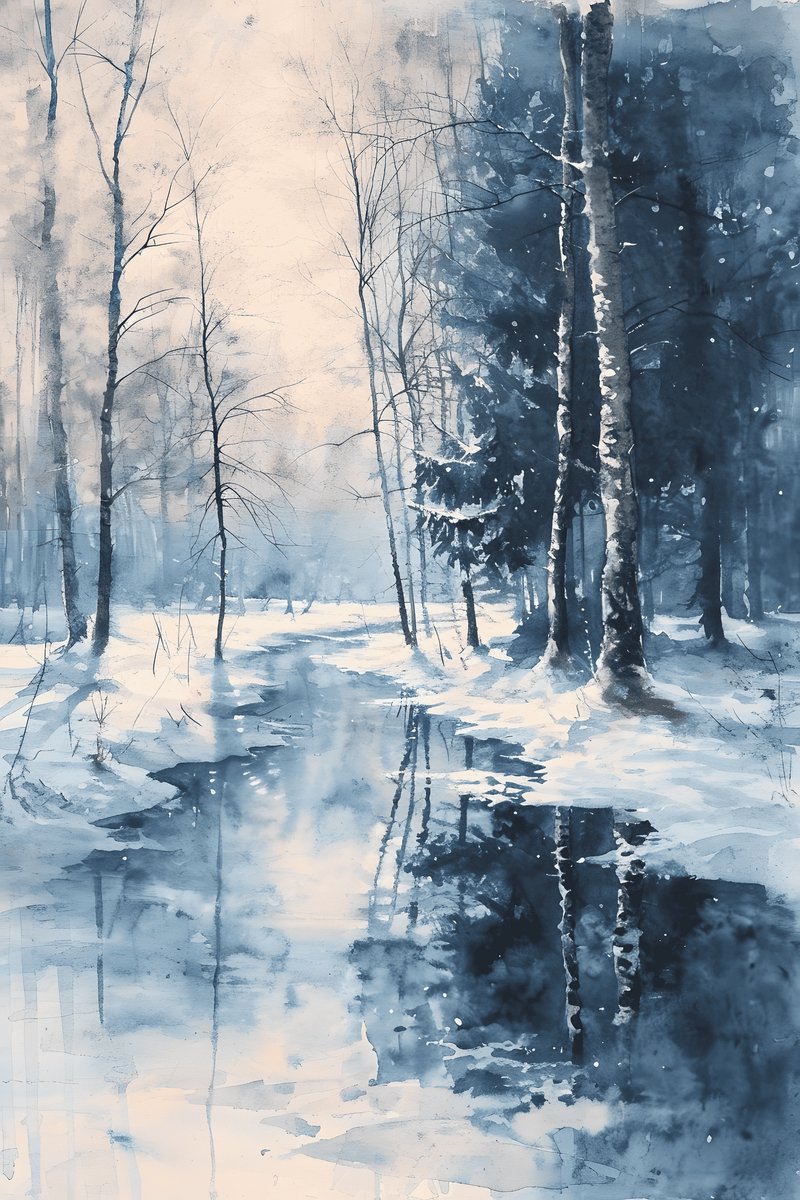 Winterposter - Winter Landschap - Sneeuw - Aquarel - Verf - Kleuren - Landelijke Kunst - posters - formaat 70x100cm - Wanddecoratie - L2266MT