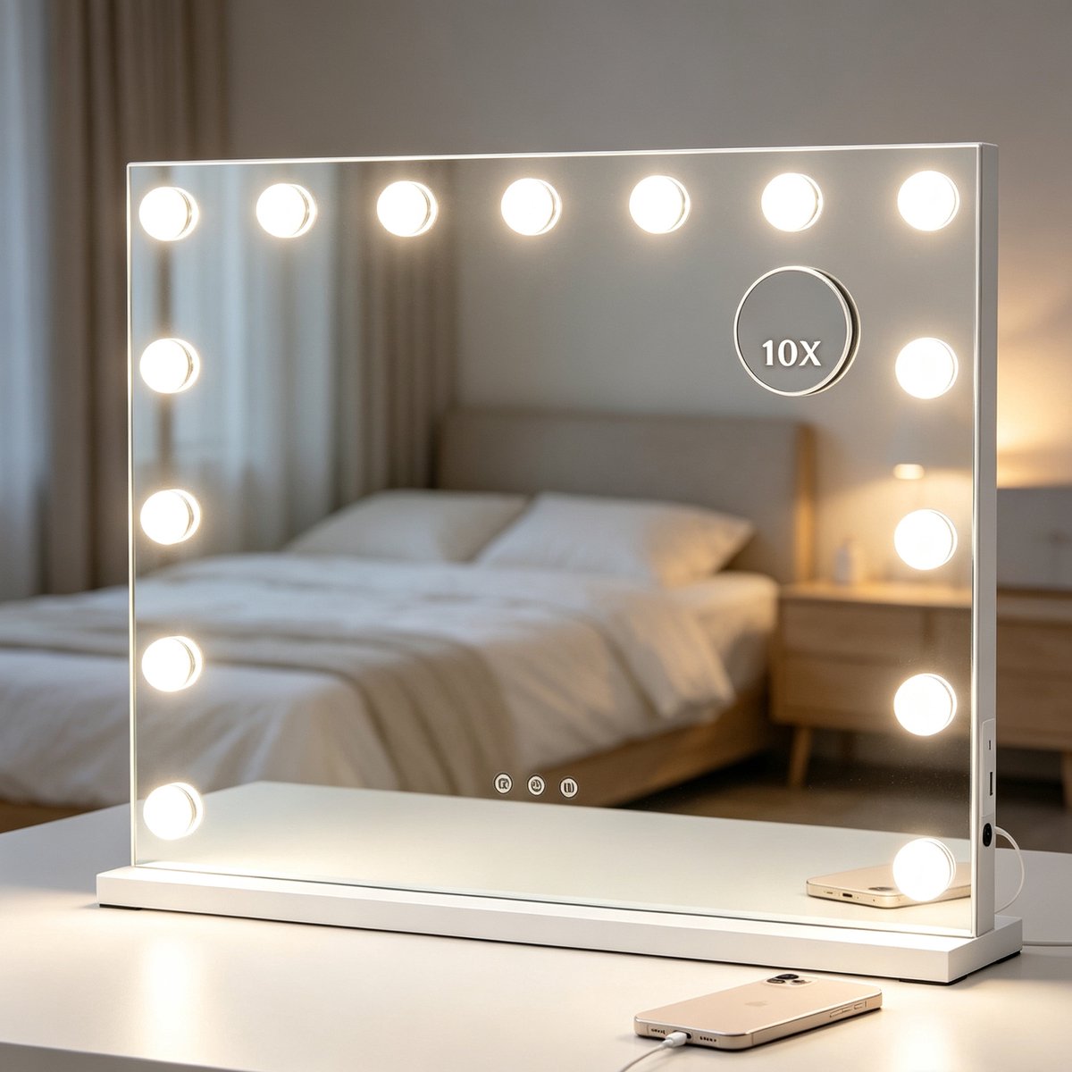 ANTENLICHT Make Up Spiegel met Verlichting - Hollywood Spiegel 58x48CM - 10x Vergroting - USB & USB-C Oplaadporten - 15 LED Lampen - Dimbaar - 3 Lichtstanden - Make Up Spiegel - Wit
