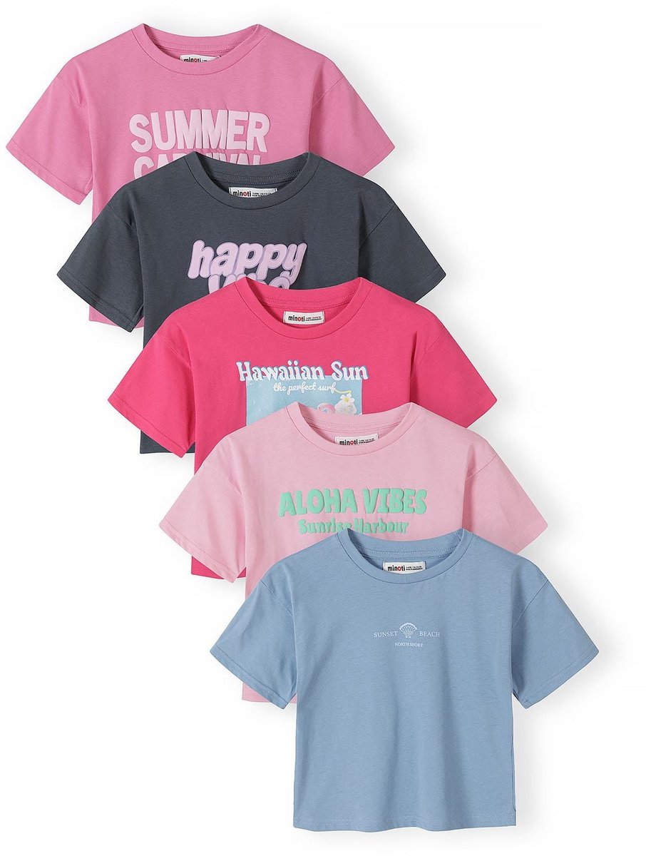 Minoti meisjes t-shirt 5-pack met print - 100% katoen - meerkleurig