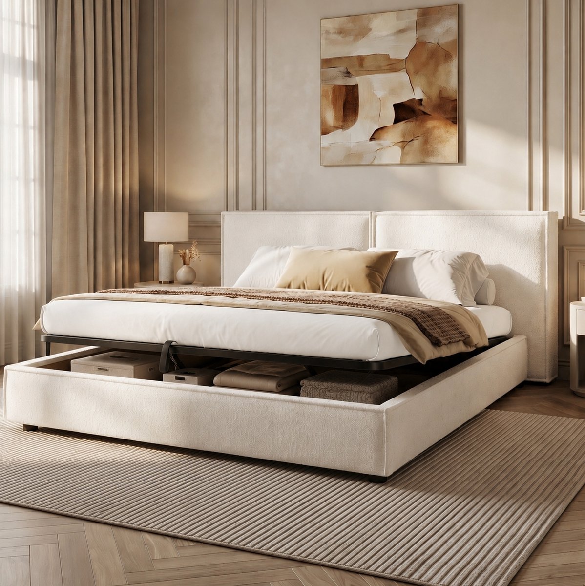 DESMIU Gestoffeerd Bed 180 x 200 cm – Hydraulisch Opbergbed Met Lattenbodem – Ruime Opbergruimte Onder Het Bed – Voor Slaapkamer – Bouclé – Wit – Zonder Matras