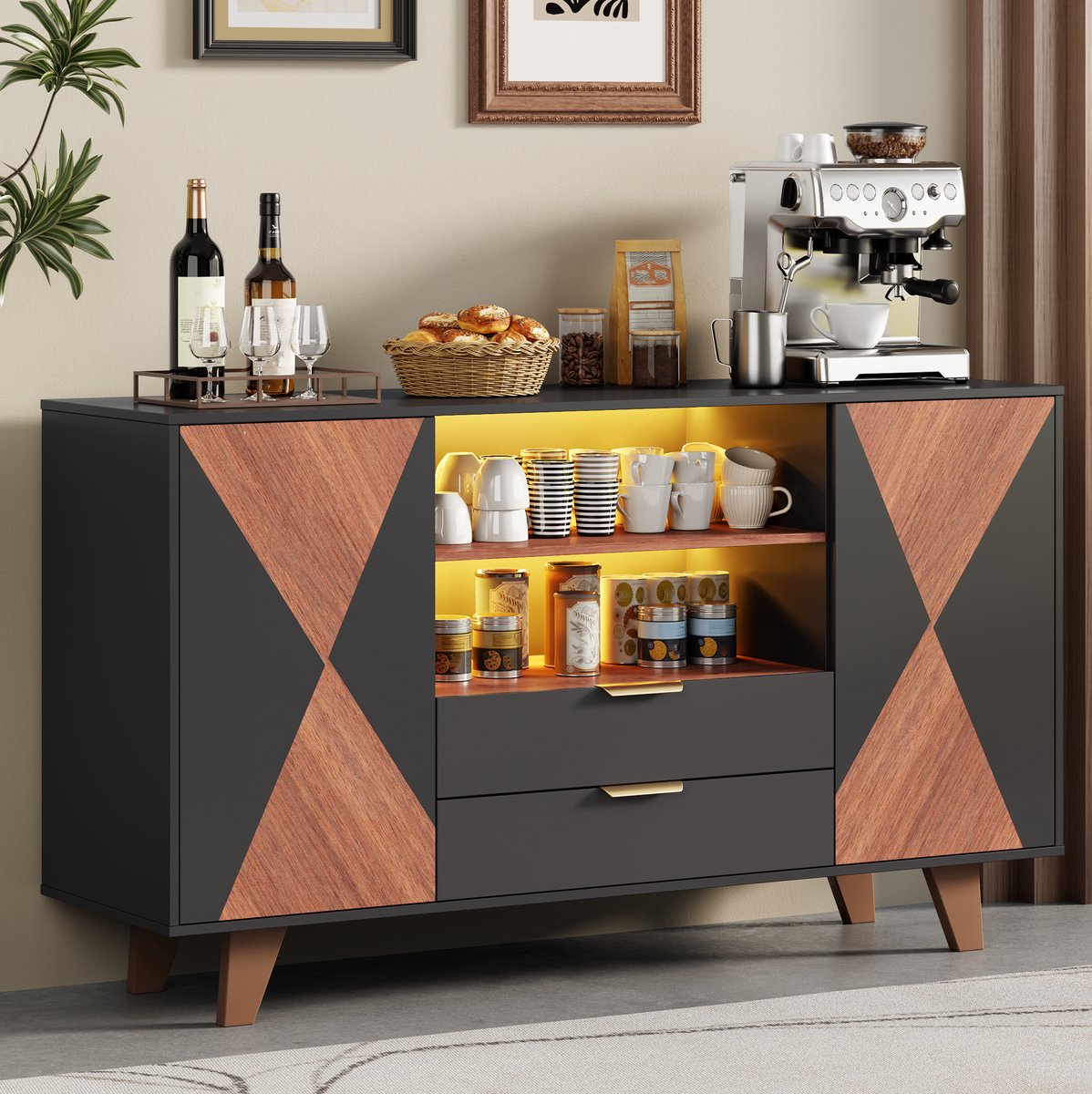 MODENUIT Keukenkast - RGB-LED Met Appbediening - Keuken En Woonkamer - MDF - 150x40x90 Cm - Natuurlijk Zwart