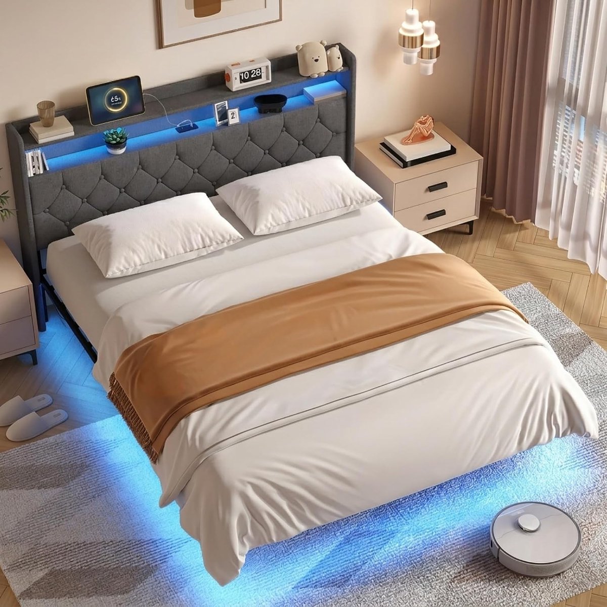Bedframe 160x200 cm - Industrohome Zwevend ledikant met LED verlichting, USB oplaadstation en opbergruimte - Donkergrijs