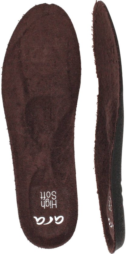 Bruine suède binnenzolen met 'ara High Soft' logo.