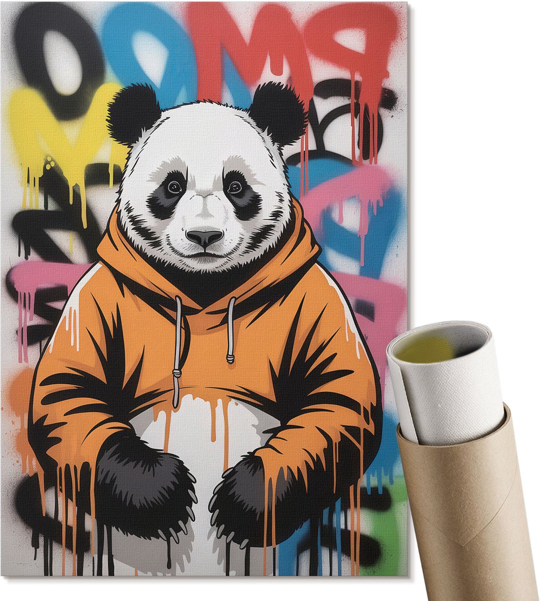 Coloray Polycanvas Wandposter - Panda Graffiti, Illustratie - A4 - Oranje Patroon - Rechthoek - Interieurdecoratie - Woonkamer, Slaapkamer, Kantoor - Popcultuur