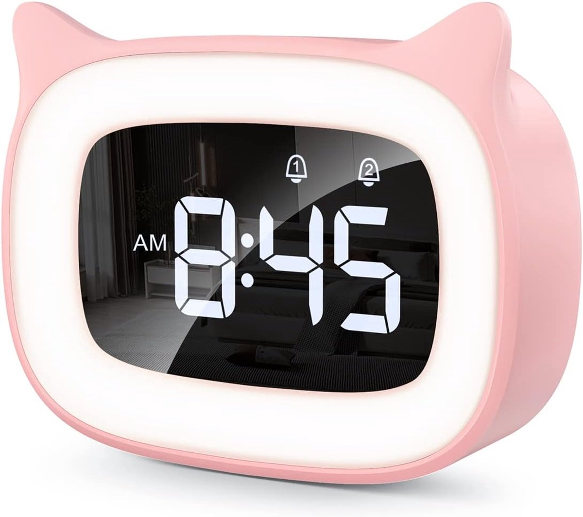 Digitale kinderwekker met licht, dubbele wekker - LED-nachtlampje, wekker voor meisjes, radioklok met snooze-functie, 18 muziekbeltonen, 5 helderheidsmodus - 12/24 uur opladen via USB - roze