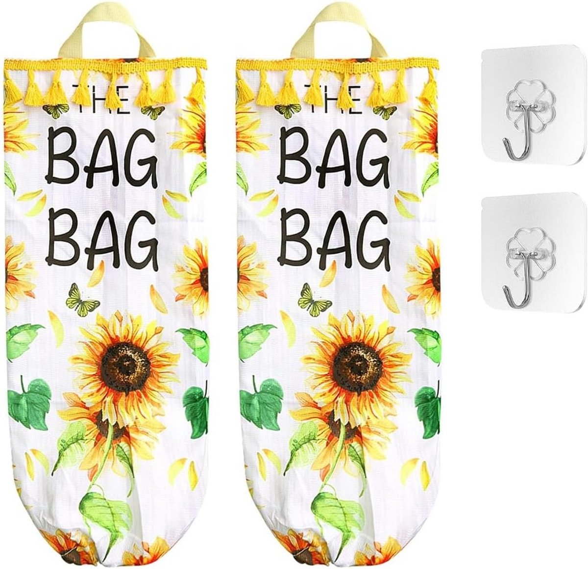 2 Stuks Wandmontage Plastic Tas met Zonnebloem en Franje voor Opberging van Vuilnis en Winkelmandjes in Keuken en Thuis, Ideaal voor Organisatie en Ruimtebesparing