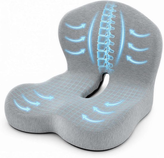 Ergonomisch zitkussen met rugleuning van traagschuim, orthopedisch stuitbeenkussen voor bureaustoel en auto, grijs, 44 x 42 x 32 cm