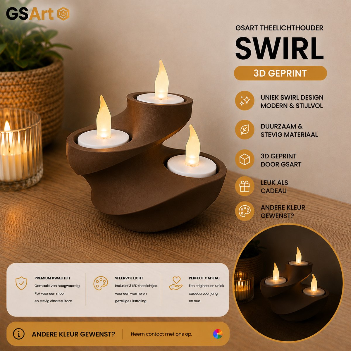 GSArt Theelichthouder Swirl – 3D Geprint – Inclusief 3 LED Theelichtjes - Chocoladebruin