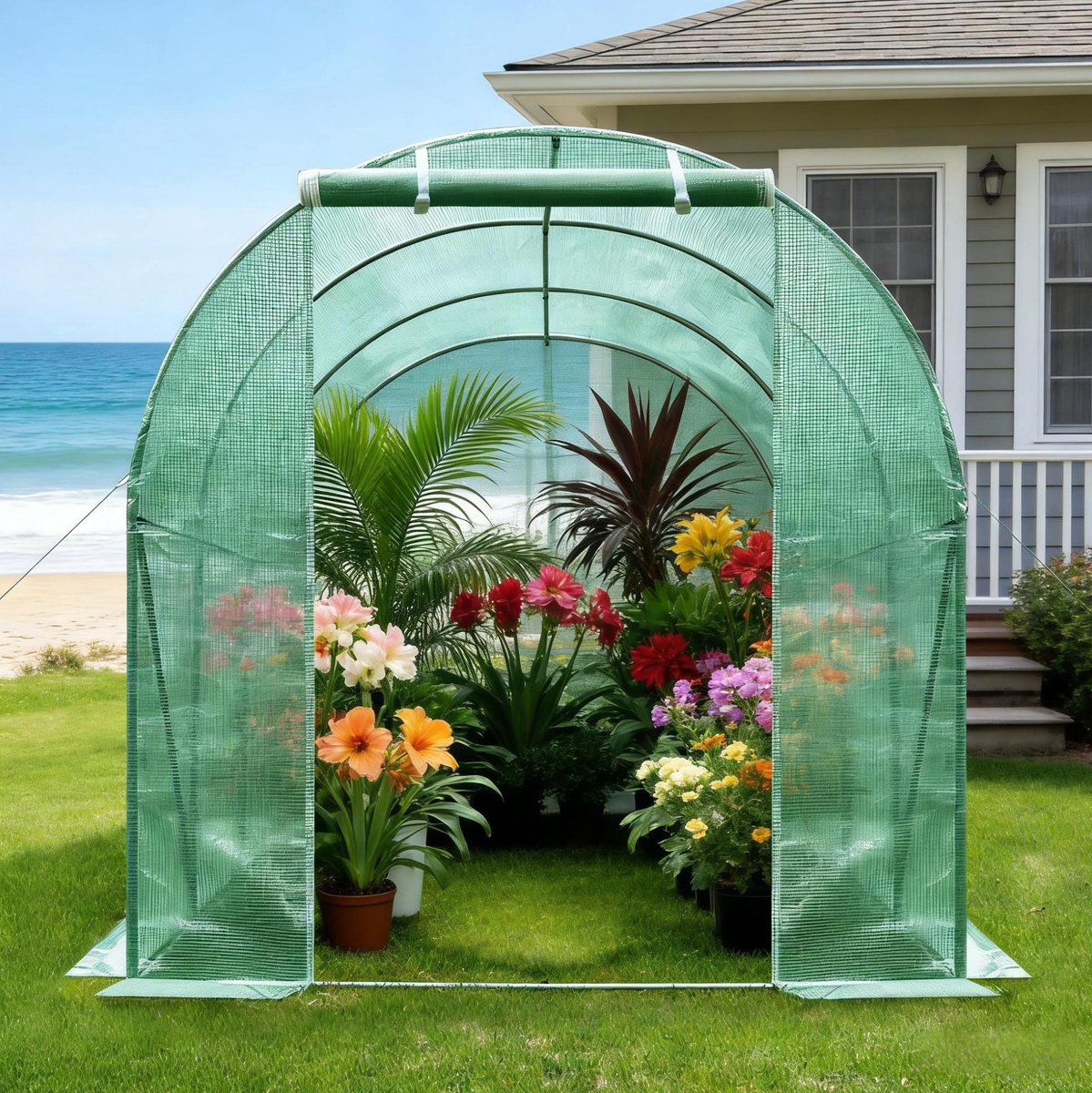 Wishdor Tunnelkas - Groen - Gegalvaniseerd staal - PE-netfolie - Ventilatieramen roldeur - Tuinkas achtertuin moestuin - 300 x 200 x 190 cm