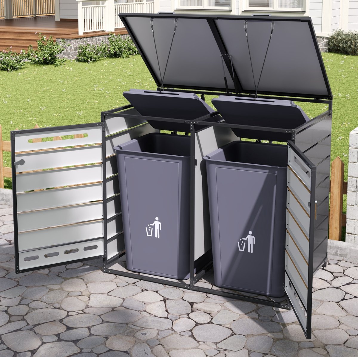 Wishdor Containerberging voor vuilnisbakken - 2 vakken met hydraulisch deksel - Met slot en ventilatie - Zwart met houtlook - Tuin terras buiten - Metaal - 131 x 79 x 116 cm