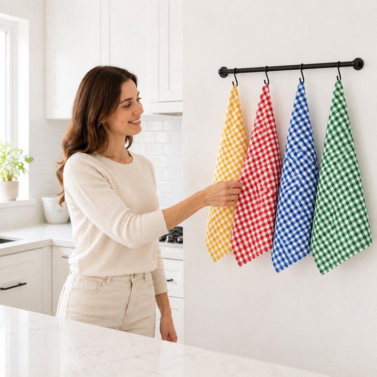 R&H® Set van 5 theedoeken - 100% katoen - 47 x 67 cm - Geruit - Extra absorberend, Blauw, Rood, Groen, Oranje, Geel