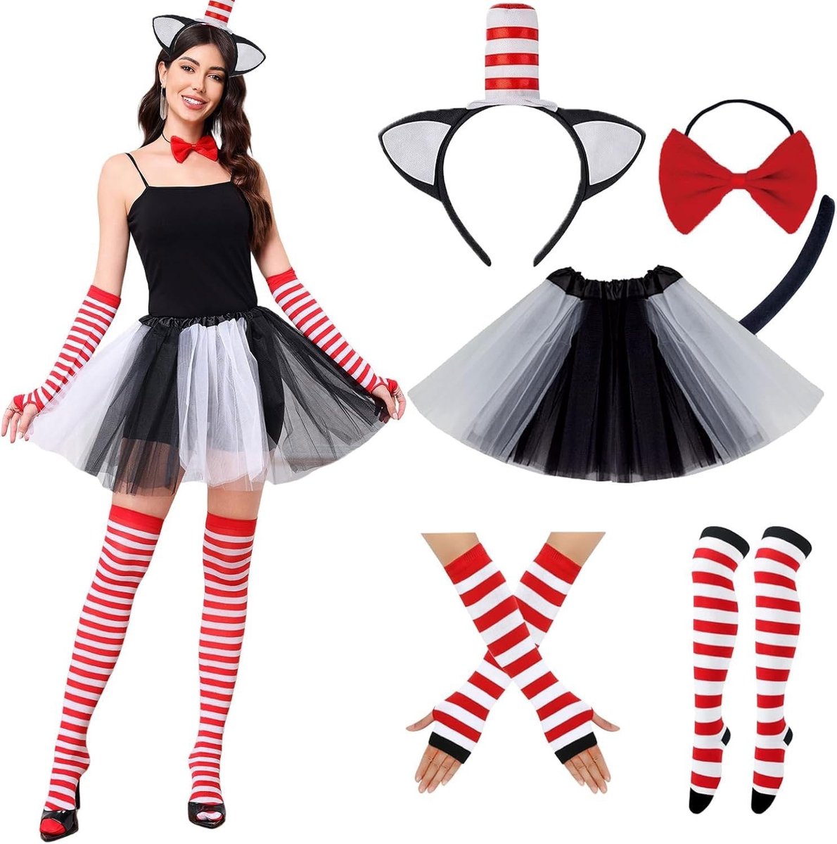 Complete Set voor Kattenkostuum voor Meisjes - Oren, Handschoenen, Sokken, Tutu Rok en Strik voor Halloween en Cosplay Dress Up