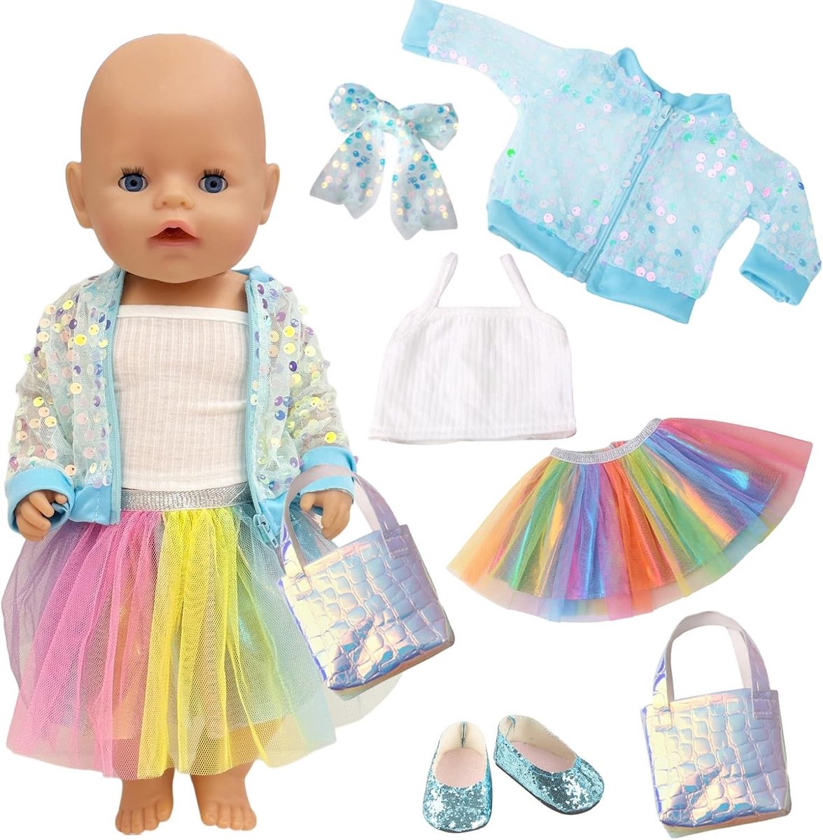 Kleding voor Baby Poppen 35-45 cm - 6-delige Set met Jurk, Jasje, Hoofdband, Schoenen en Tas voor Meisjes