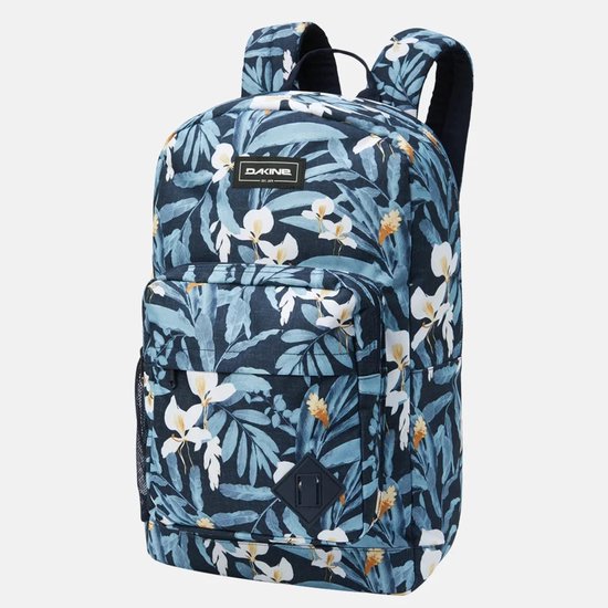 Zwarte rugzak met een tropische bloemenprint in blauw en wit, met een voorvak en DAKINE logo.