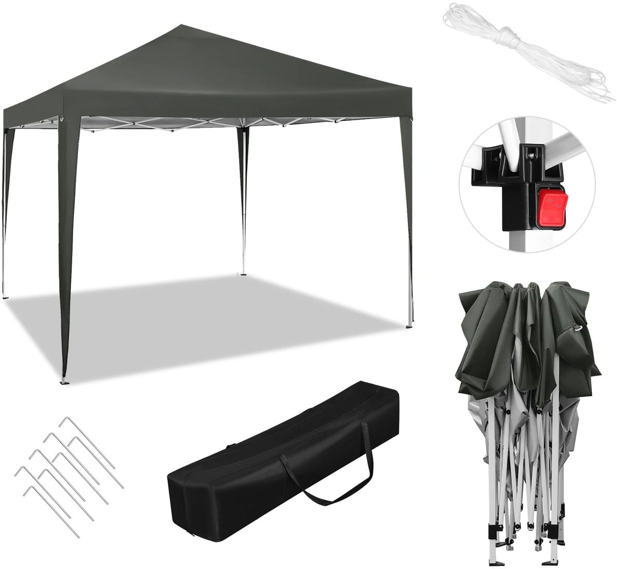 Klarven® Partytent Donkergrijs - Waterdicht met Zijwanden en Ritsdeur, UV-bestendig, Snelle Pop-up Opzet, Hoogte Verstelbaar op 3 Standen - B 3 x D 3 m, H 250-258 cm