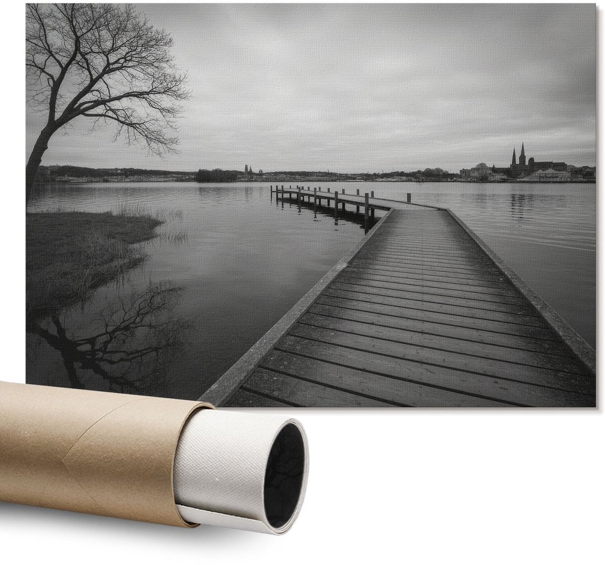 Coloray Polycanvas Wandposter – Pier En Meer, Zwart-Wit – A1 – Grijs Motief – Rechthoek – Canvas Wandposter – Slaapkamer – Modern